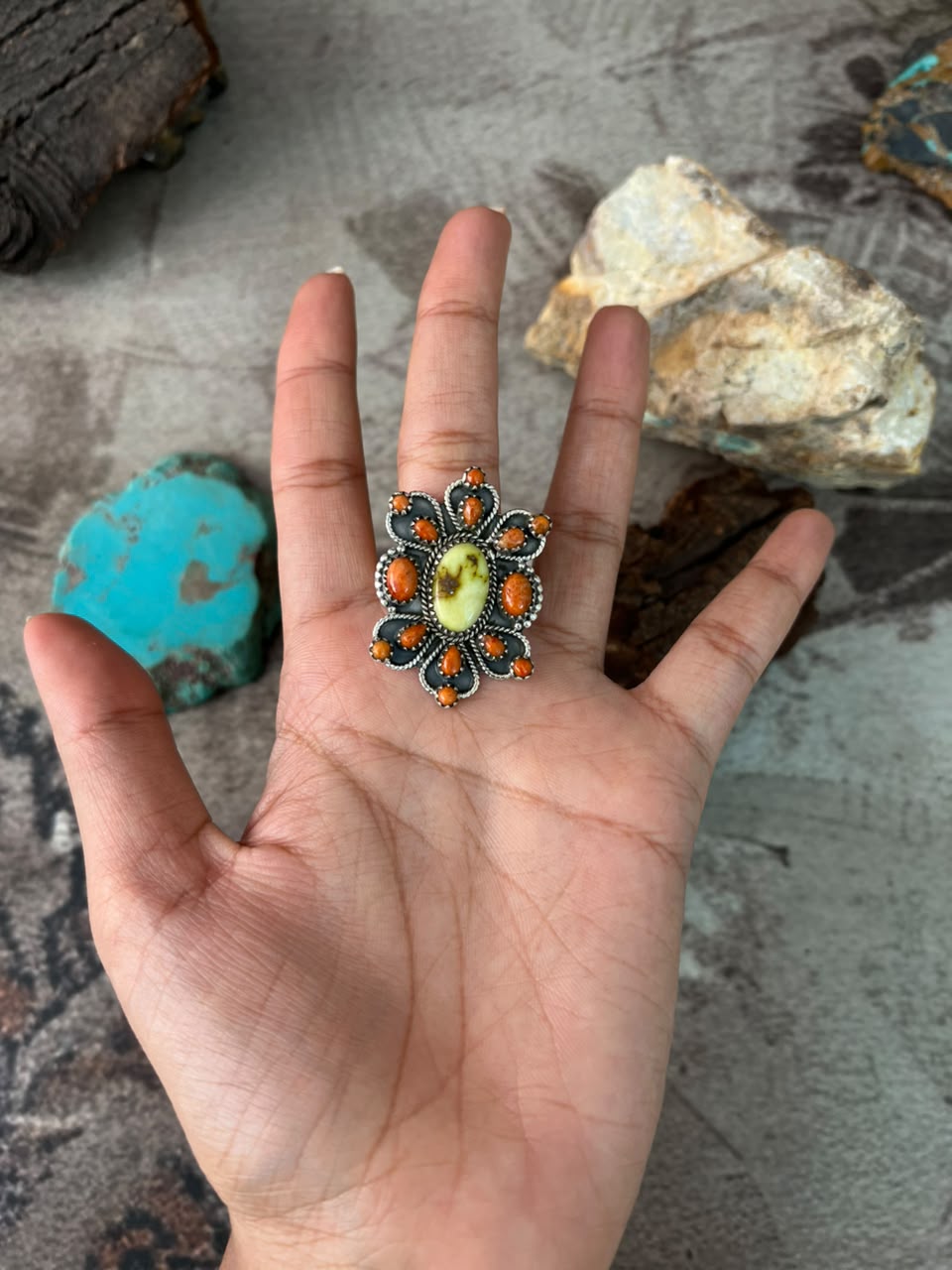 Handmade Sterling Silver Orange Mojave with Palomino Turquoise Adjustable Ring Signed Nizhoni