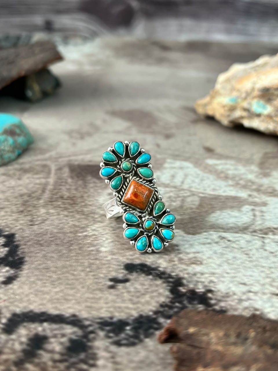 Handmade Sterling Silver Kingman Turquoise with Orange Mojave Adjustable Ring Signed Nizhoni