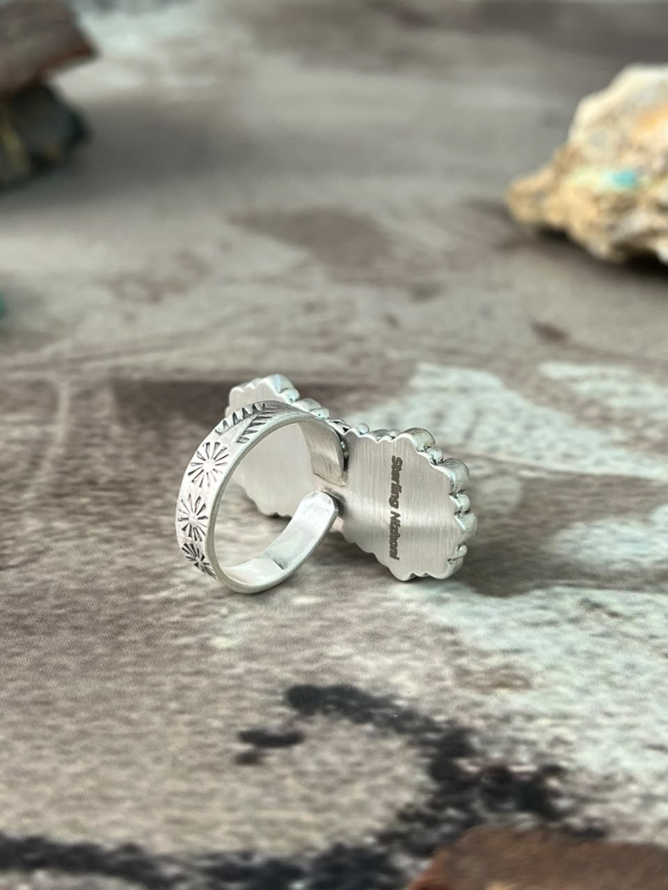 Handmade Sterling Silver Kingman Turquoise with Orange Mojave Adjustable Ring Signed Nizhoni