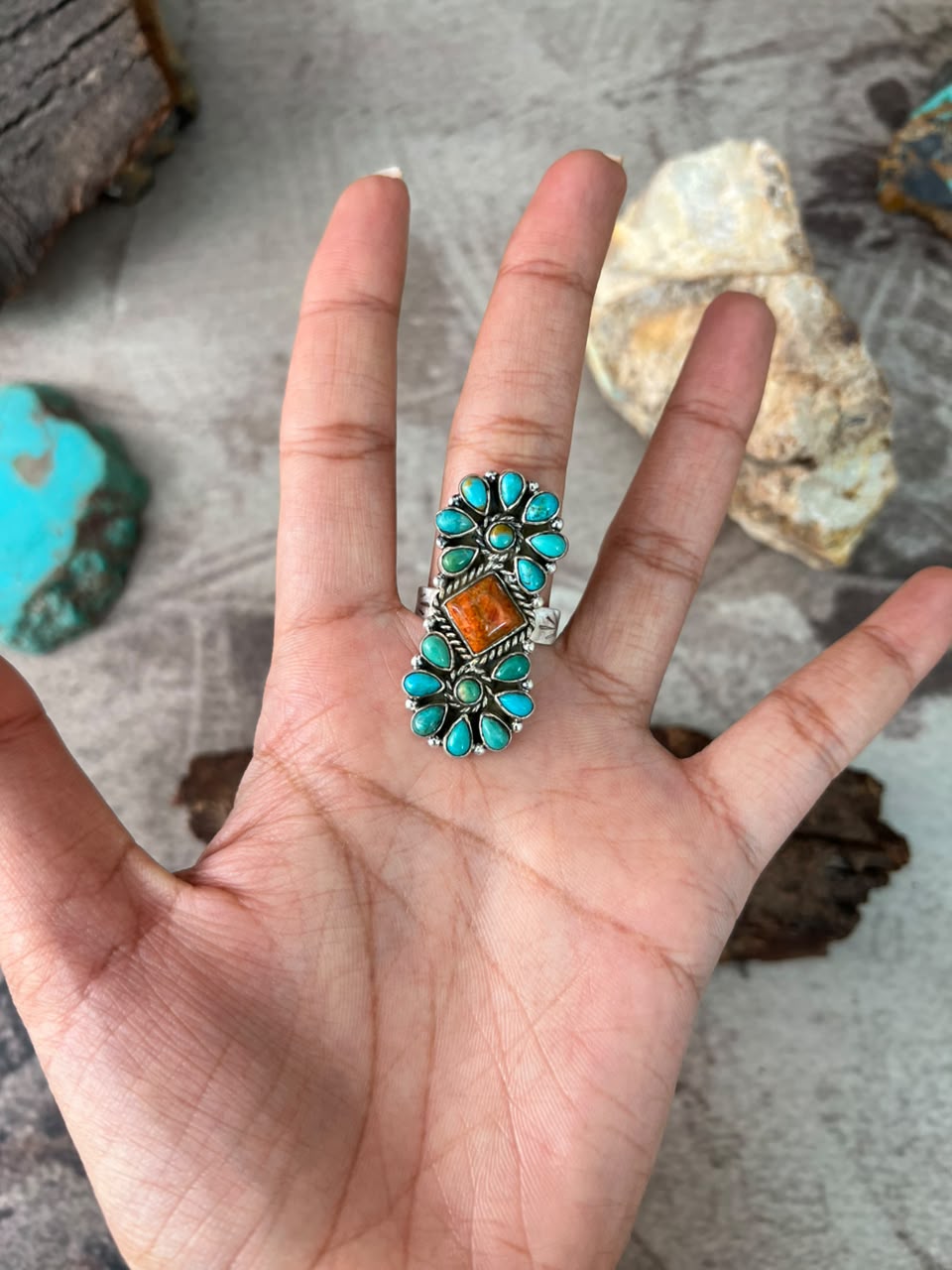 Handmade Sterling Silver Kingman Turquoise with Orange Mojave Adjustable Ring Signed Nizhoni