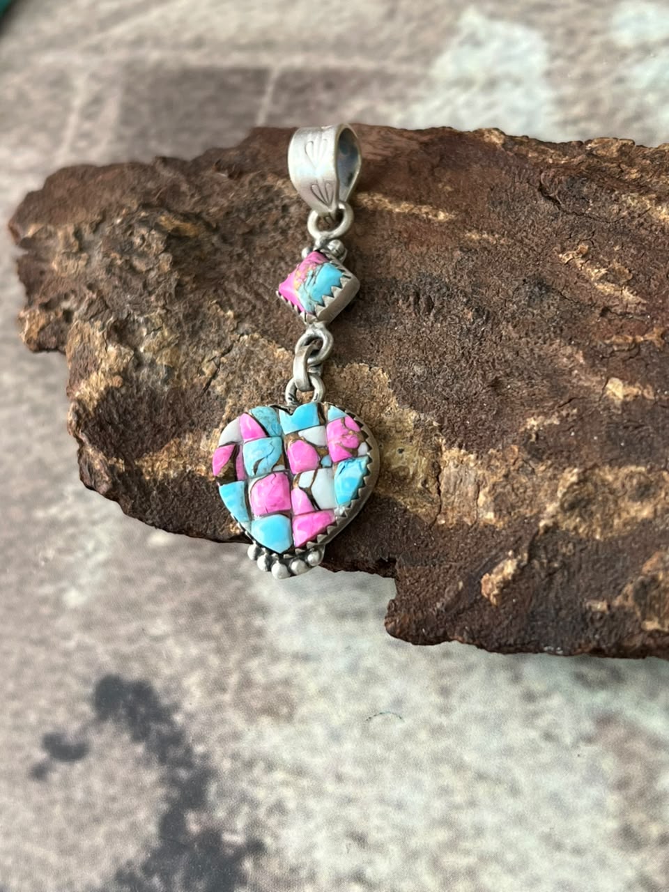 Handmade Sterling Silver Cotton Candy Cobble Stone Heart Pendant Signed Nizhoni
