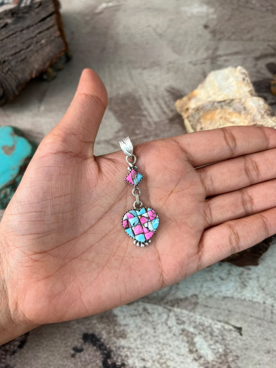 Handmade Sterling Silver Cotton Candy Cobble Stone Heart Pendant Signed Nizhoni