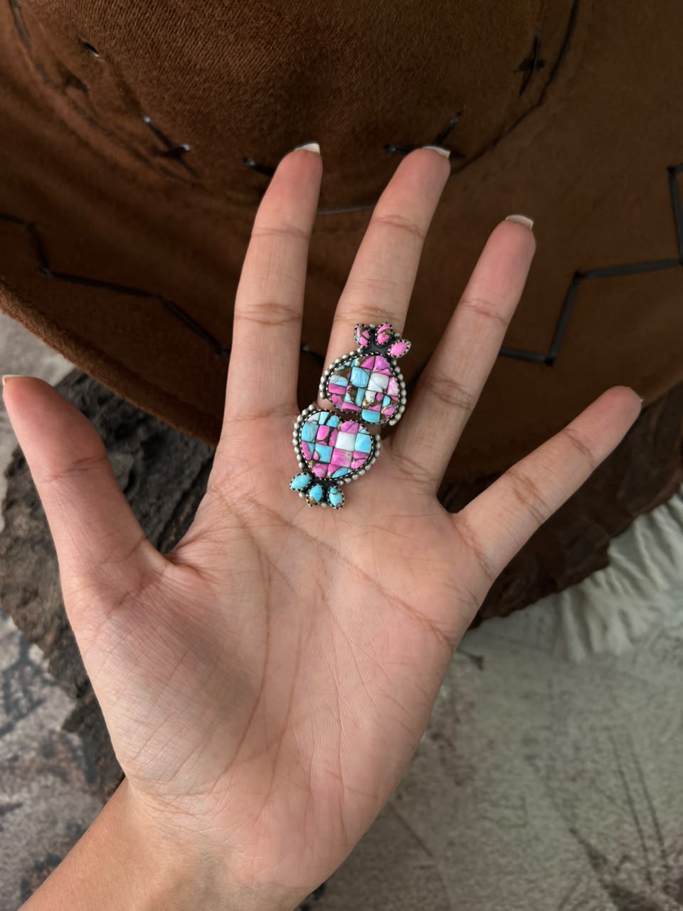 Handmade Sterling Silver Cotton Candy Cobble Stone Adjustable Ring Signed Nizhoni
