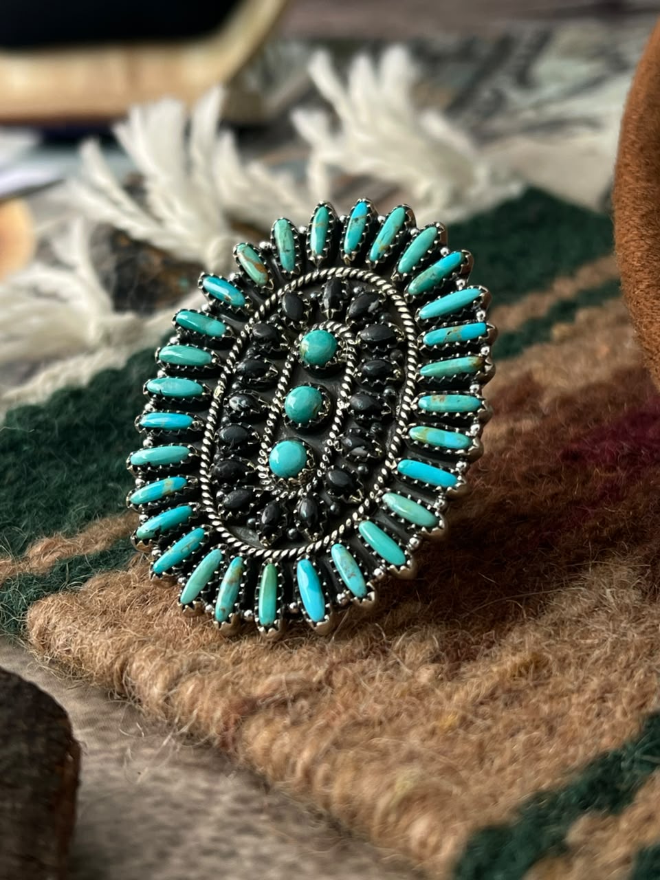 Handmade Sterling Silver Kingman Turquoise with White Buffalo Adjustable Ring Signed Nizhoni (8)