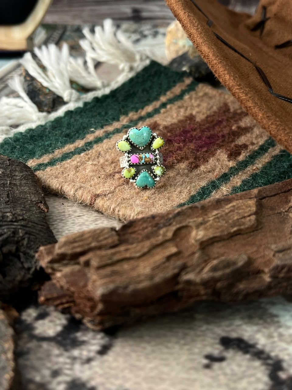 Handmade Sterling Silver Carico Lake with Cotton Candy and Palomino Turquoise Adjustable Ring Signed Nizhoni