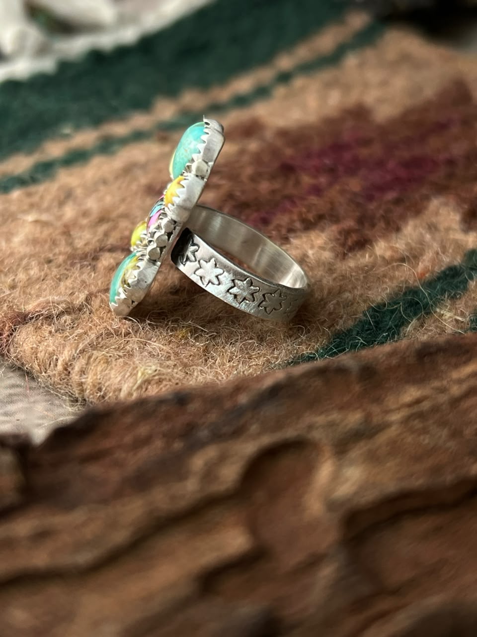 Handmade Sterling Silver Carico Lake with Cotton Candy and Palomino Turquoise Adjustable Ring Signed Nizhoni