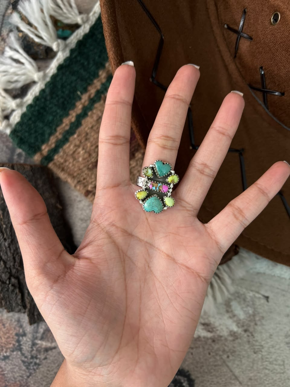 Handmade Sterling Silver Carico Lake with Cotton Candy and Palomino Turquoise Adjustable Ring Signed Nizhoni