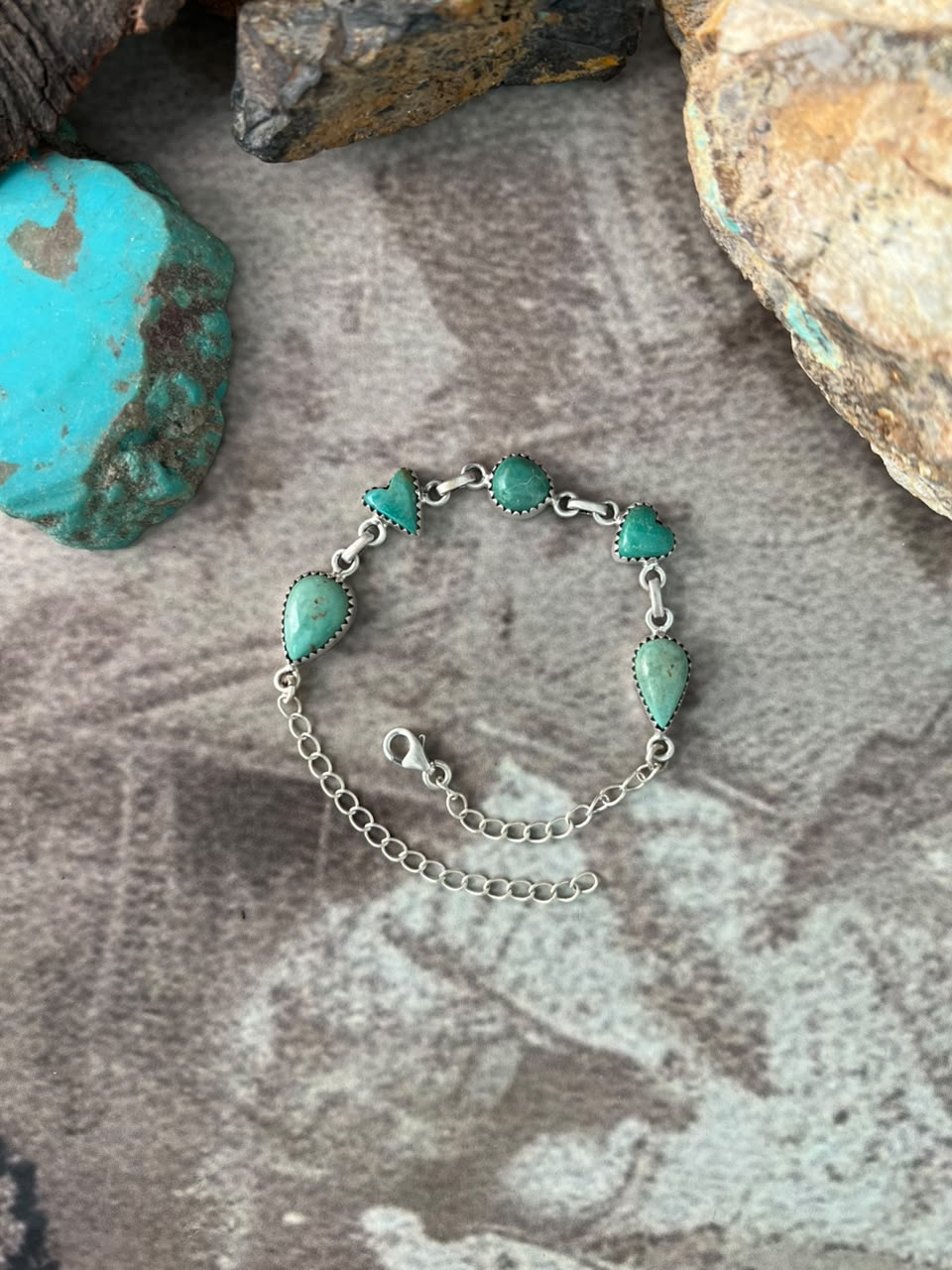 Handmade Sterling Silver Pilot Mountain Turquoise Chain Bracelet Signed Nizhoni