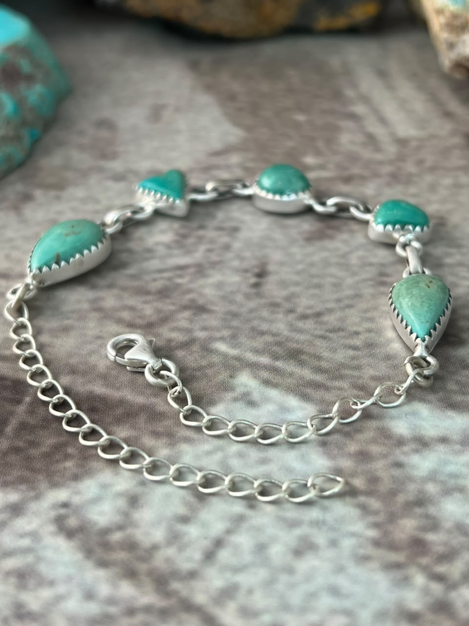 Handmade Sterling Silver Pilot Mountain Turquoise Chain Bracelet Signed Nizhoni