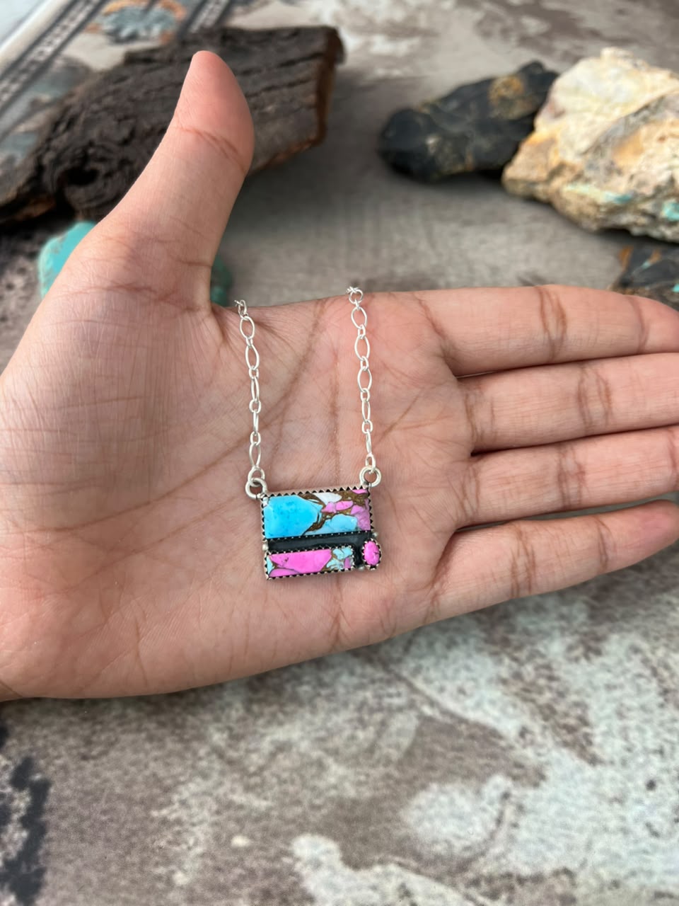 Handmade Sterling Silver Cotton Candy Necklace Signed Nizhoni