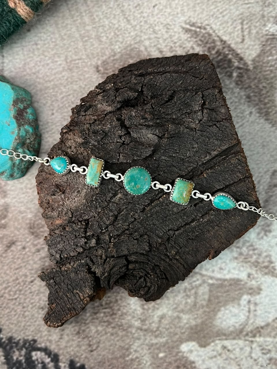 Handmade Sterling Silver Pilot Mountain Turquoise Chain Bracelet Signed Nizhoni