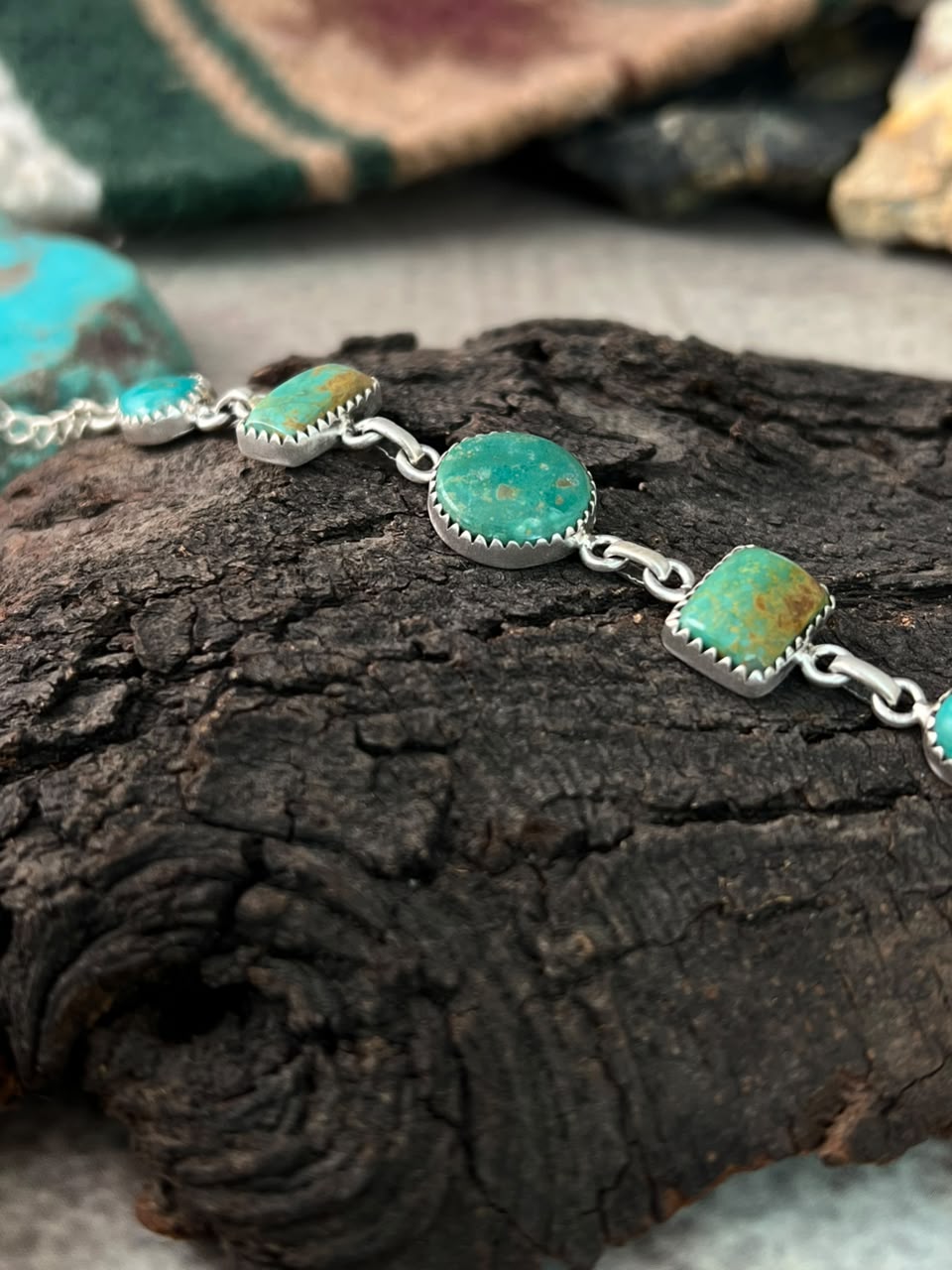Handmade Sterling Silver Pilot Mountain Turquoise Chain Bracelet Signed Nizhoni