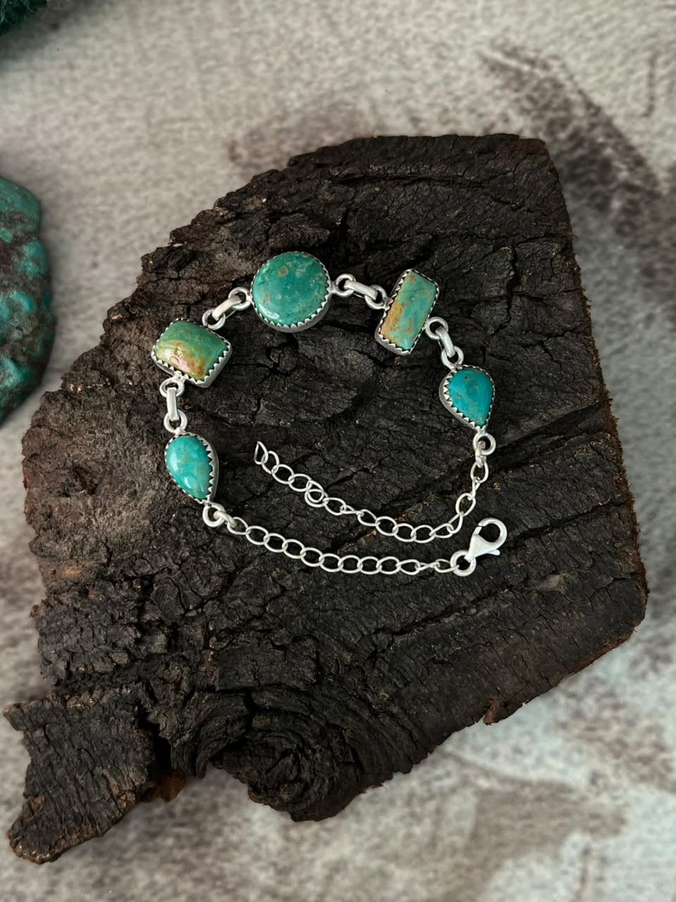 Handmade Sterling Silver Pilot Mountain Turquoise Chain Bracelet Signed Nizhoni