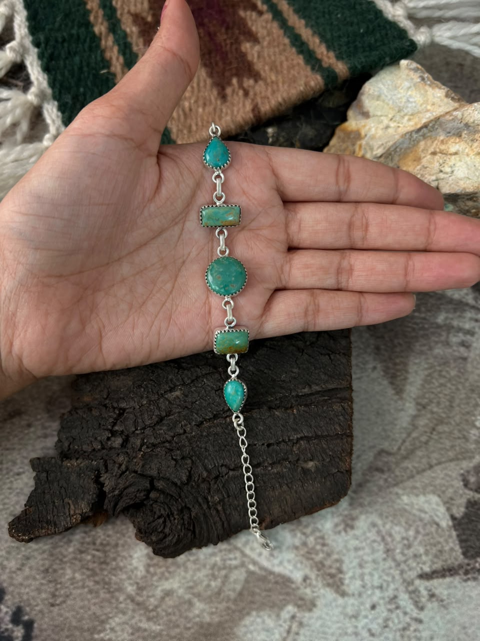Handmade Sterling Silver Pilot Mountain Turquoise Chain Bracelet Signed Nizhoni