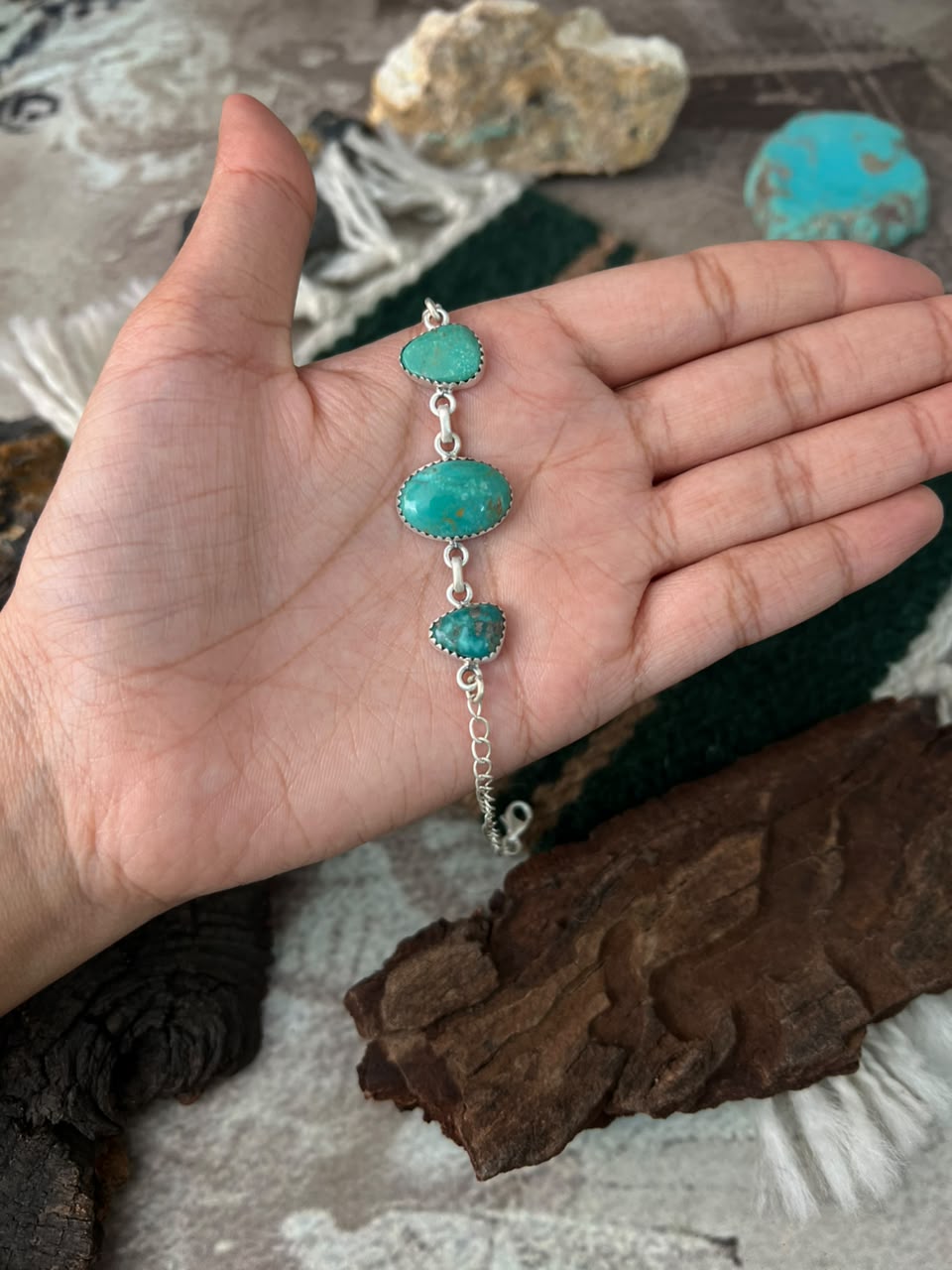 Handmade Sterling Silver Pilot Mountain Turquoise Chain Bracelet Signed Nizhoni