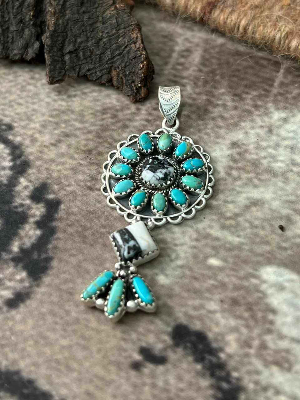 Handmade Sterling Silver Kingman Turquoise with White Buffalo Pendant Signed Nizhoni