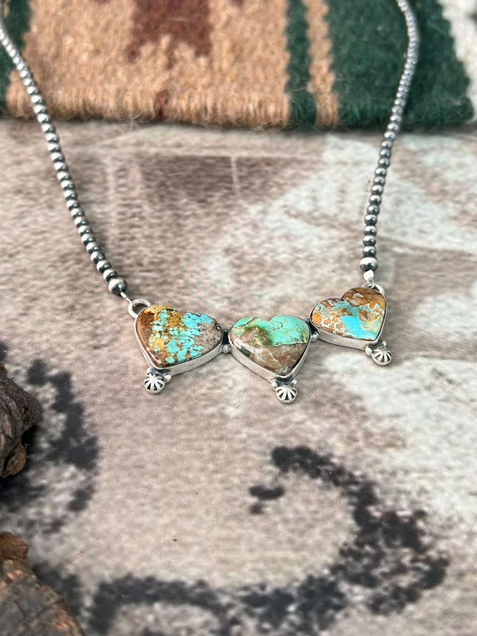 Handmade Sterling Silver Royston Turquoise Beaded Heart Necklace Signed Nizhoni