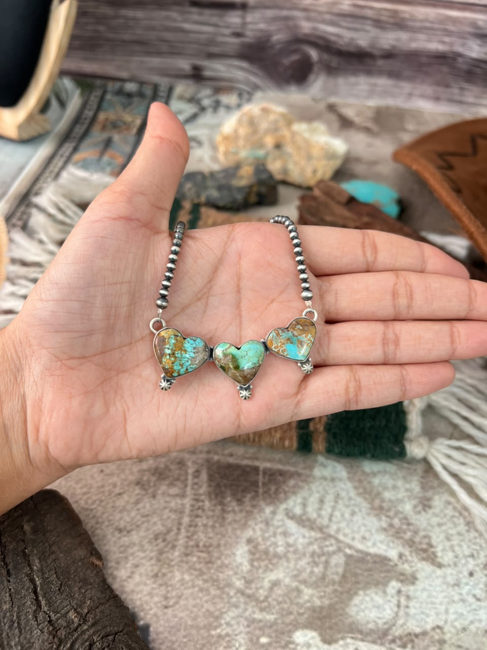 Handmade Sterling Silver Royston Turquoise Beaded Heart Necklace Signed Nizhoni