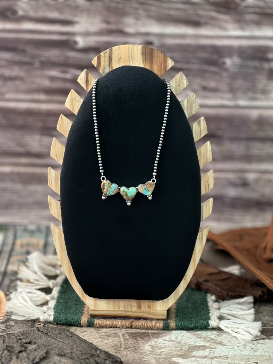 Handmade Sterling Silver Royston Turquoise Beaded Heart Necklace Signed Nizhoni