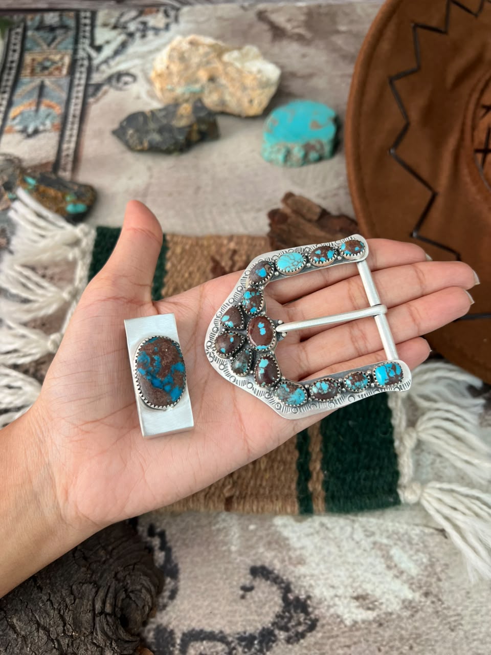 Handmade Sterling Silver Egyptian Turquoise Belt Buckle Set Signed Nizhoni