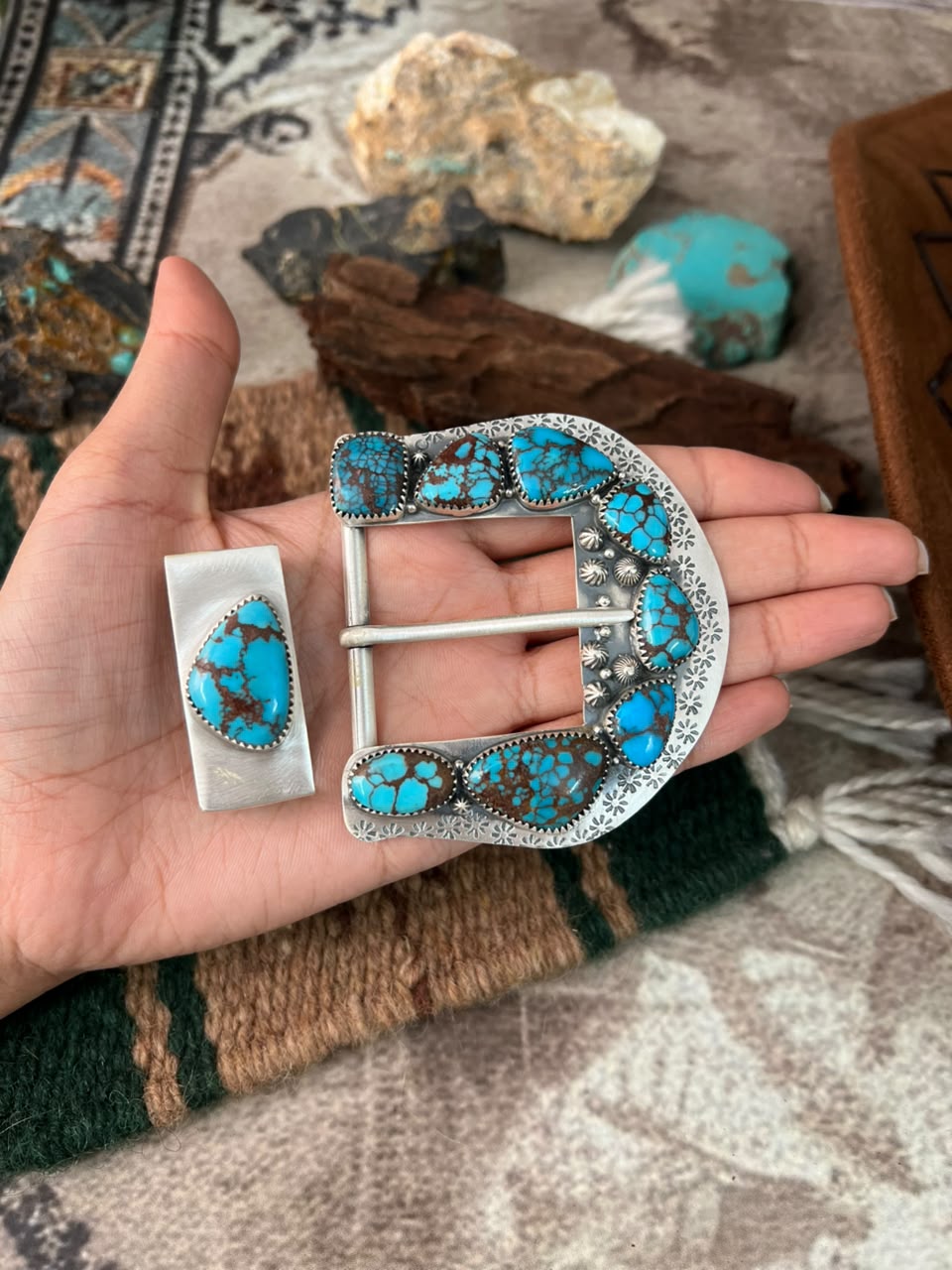 Handmade Sterling Silver Egyptian Turquoise Belt Buckle Set Signed Nizhoni