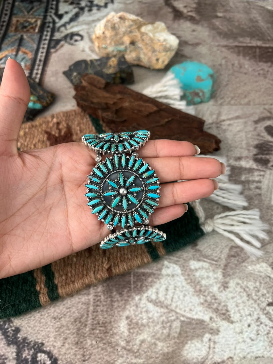 Handmade Sterling Silver Kingman Turquoise Cuff Bracelet Signed Nizhoni