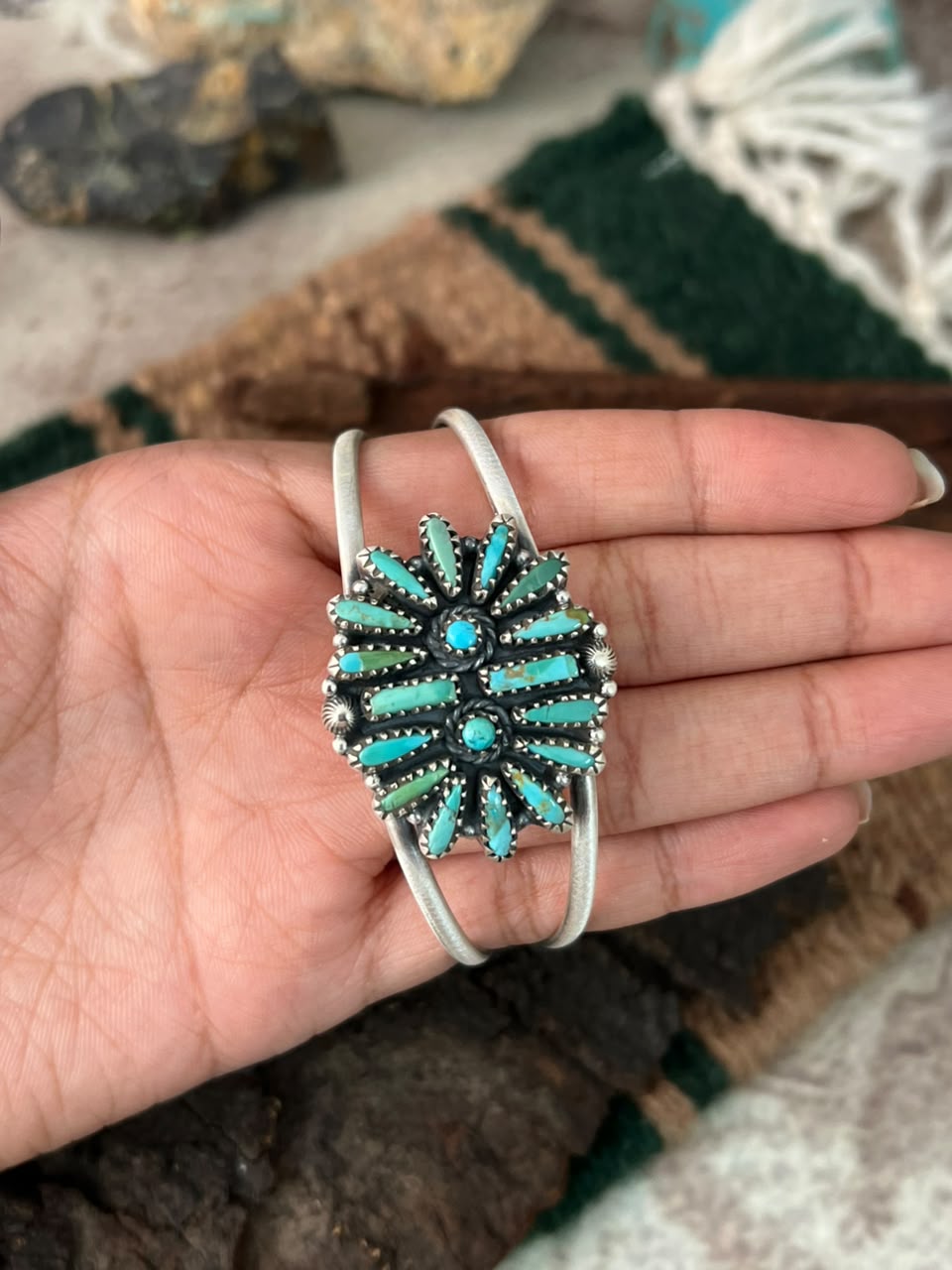 Handmade Sterling Silver Kingman Turquoise Cuff Bracelet Signed Nizhoni (2)