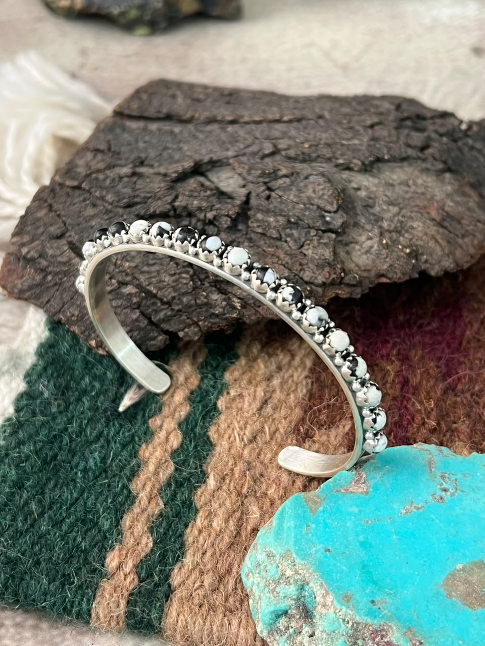 Handmade Sterling Silver White Buffalo Cuff Bracelet Signed Nizhoni