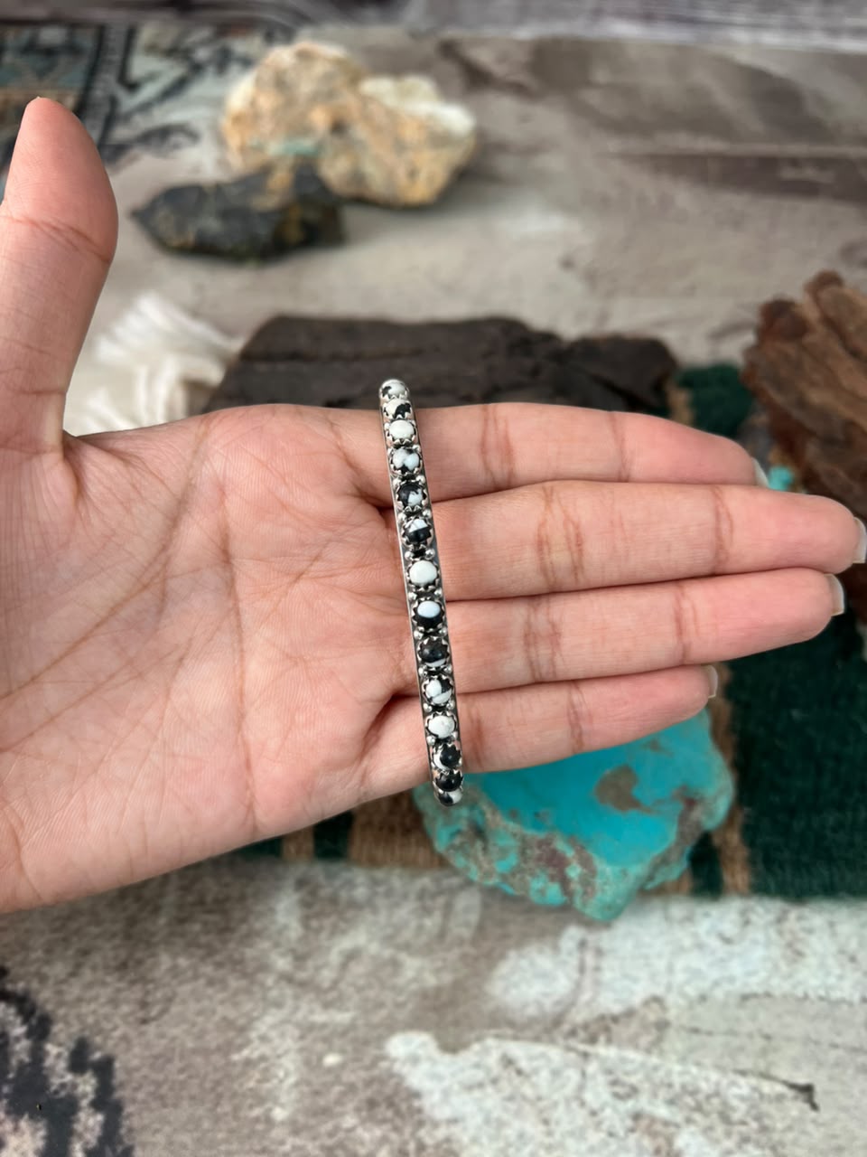 Handmade Sterling Silver White Buffalo Cuff Bracelet Signed Nizhoni