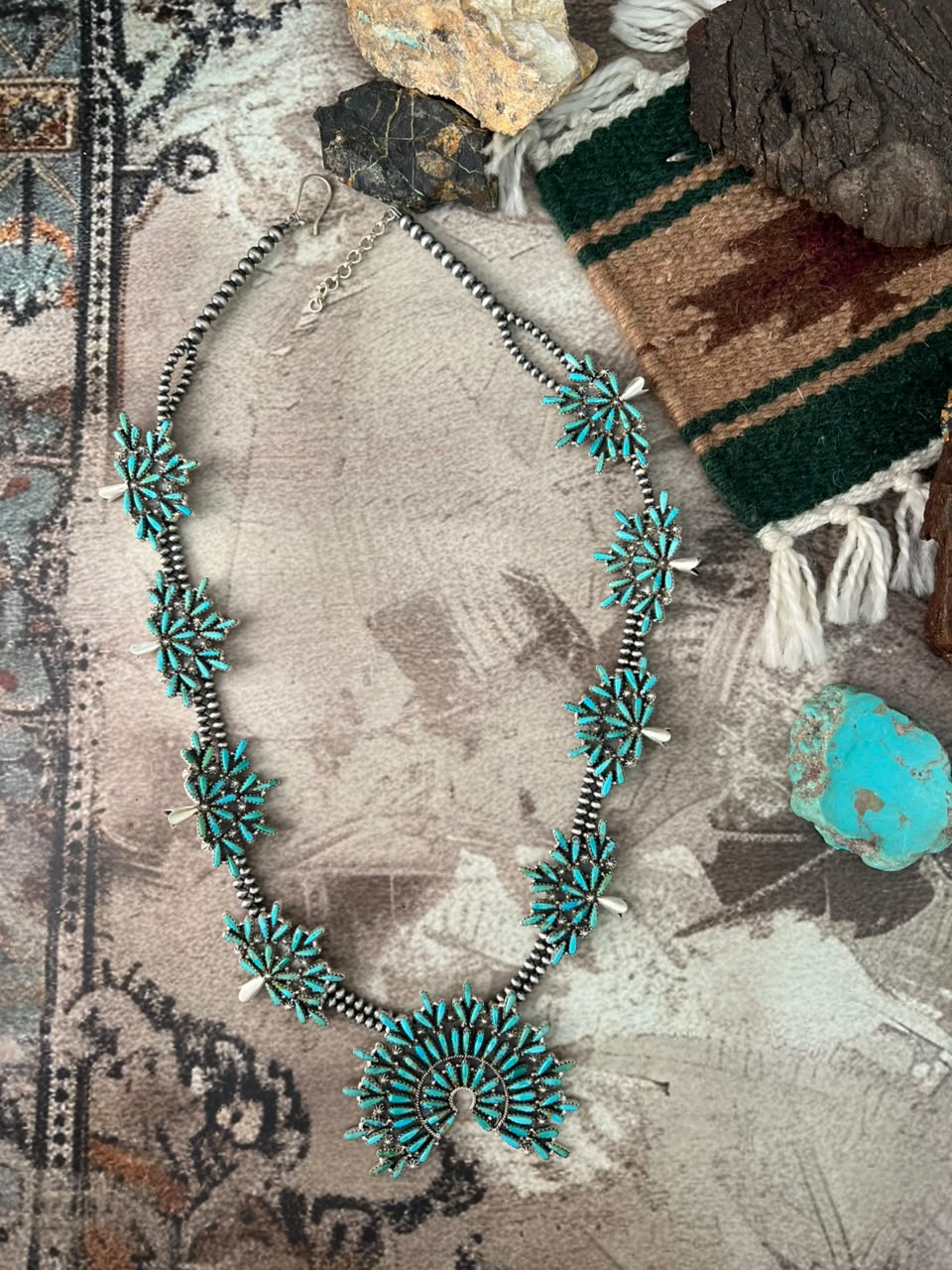 Handmade Sterling Silver Kingman Turquoise Beaded Squash Blossom Naja Necklace Signed Nizhoni