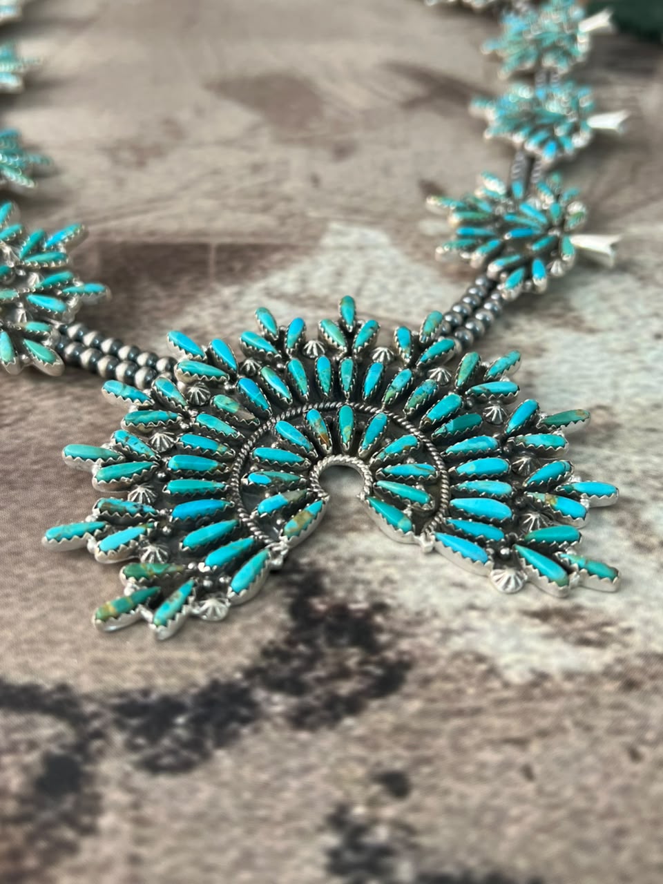 Handmade Sterling Silver Kingman Turquoise Beaded Squash Blossom Naja Necklace Signed Nizhoni
