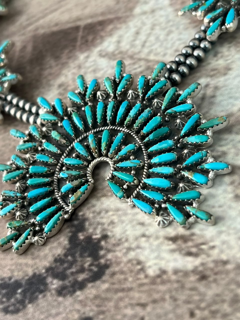 Handmade Sterling Silver Kingman Turquoise Beaded Squash Blossom Naja Necklace Signed Nizhoni