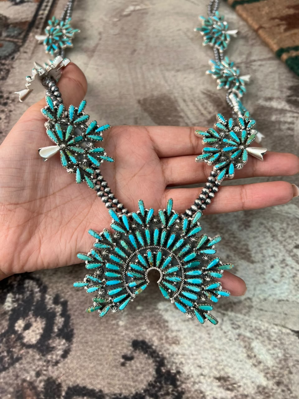 Handmade Sterling Silver Kingman Turquoise Beaded Squash Blossom Naja Necklace Signed Nizhoni