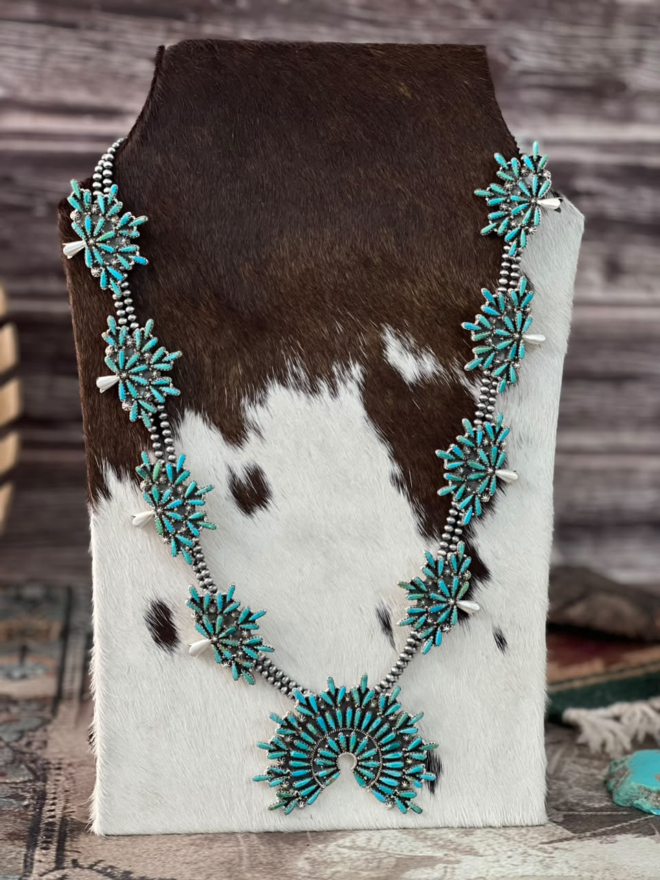 Handmade Sterling Silver Kingman Turquoise Beaded Squash Blossom Naja Necklace Signed Nizhoni
