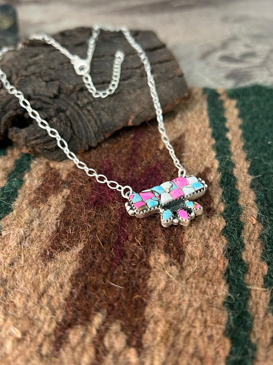Handmade Sterling Silver Cotton Candy Cobble Stone Necklace Signed Nizhoni