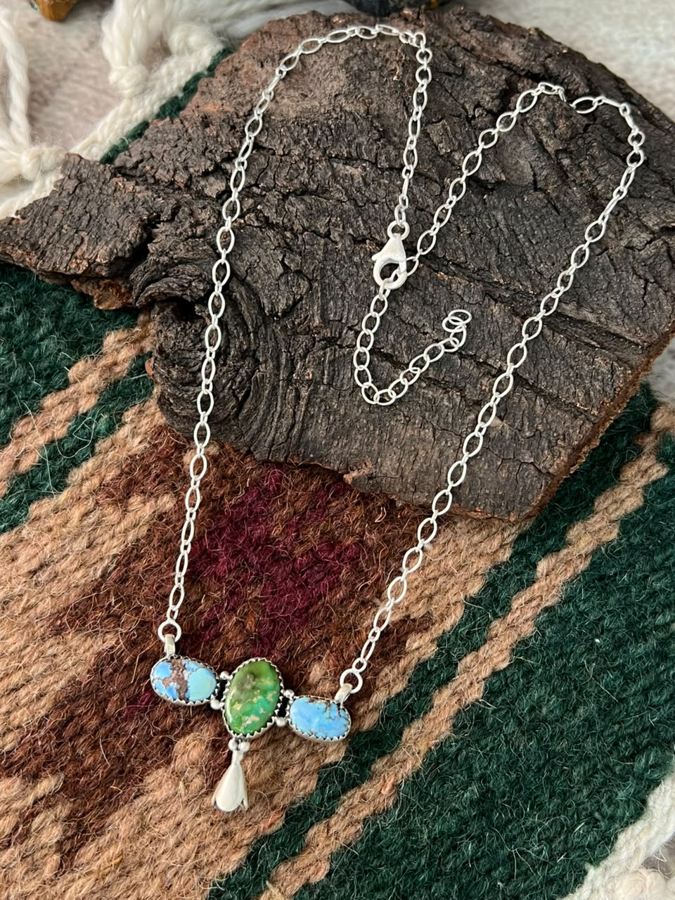 Handmade Sterling Silver Sonoran Mountain with Golden Hills Turquoise Squash Blossom Necklace Signed Nizhoni