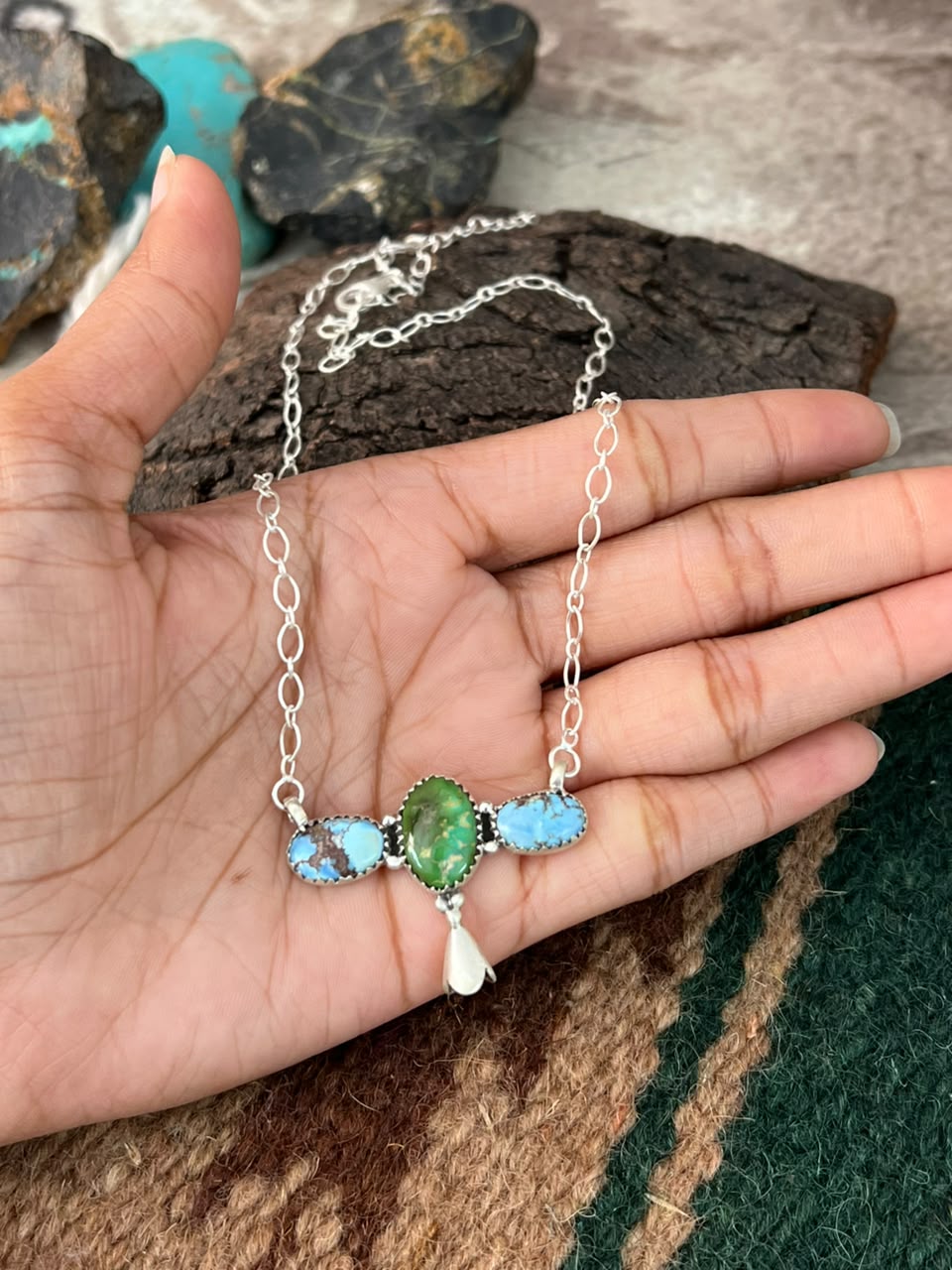 Handmade Sterling Silver Sonoran Mountain with Golden Hills Turquoise Squash Blossom Necklace Signed Nizhoni