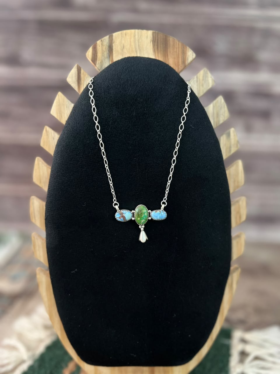 Handmade Sterling Silver Sonoran Mountain with Golden Hills Turquoise Squash Blossom Necklace Signed Nizhoni