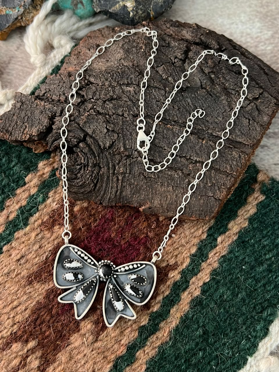 Handmade Sterling Silver White Buffalo Bow Necklace Signed Nizhoni