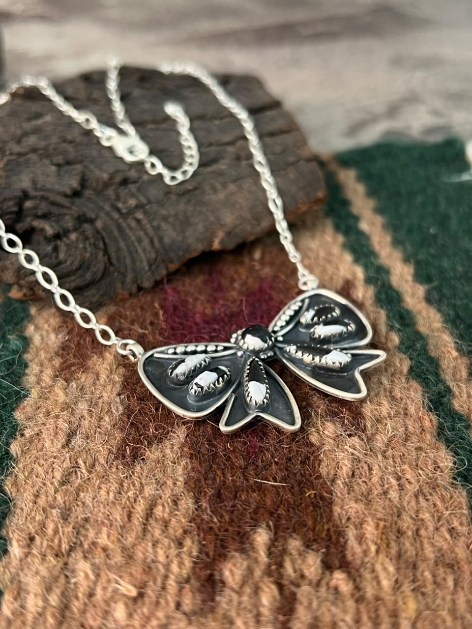 Handmade Sterling Silver White Buffalo Bow Necklace Signed Nizhoni