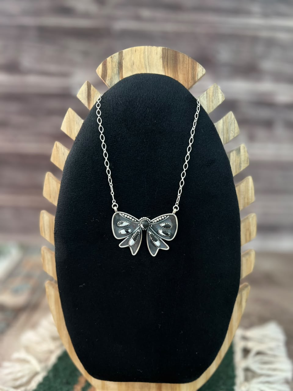 Handmade Sterling Silver White Buffalo Bow Necklace Signed Nizhoni
