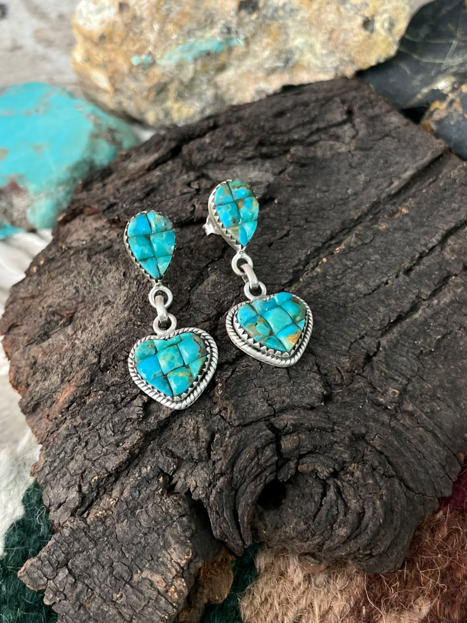 Handmade Sterling Silver Kingman Turquoise Cobble Stone Post Dangle Earrings Signed Nizhoni