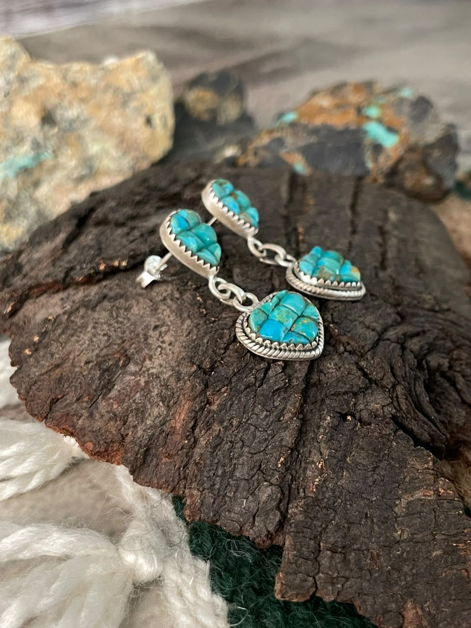 Handmade Sterling Silver Kingman Turquoise Cobble Stone Post Dangle Earrings Signed Nizhoni