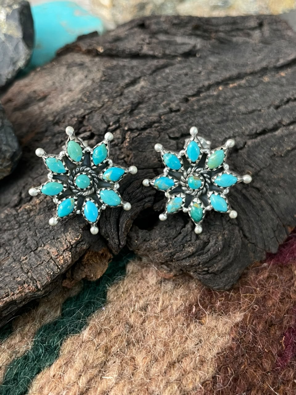 Handmade Sterling Silver Kingman Turquoise Post Studs Earrings Signed Nizhoni