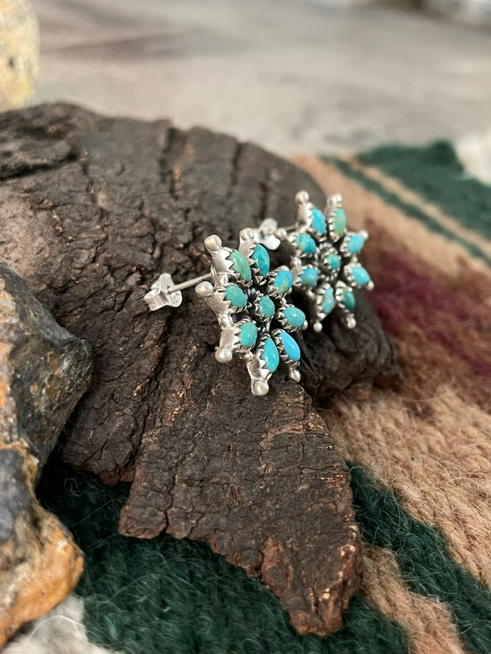 Handmade Sterling Silver Kingman Turquoise Post Studs Earrings Signed Nizhoni