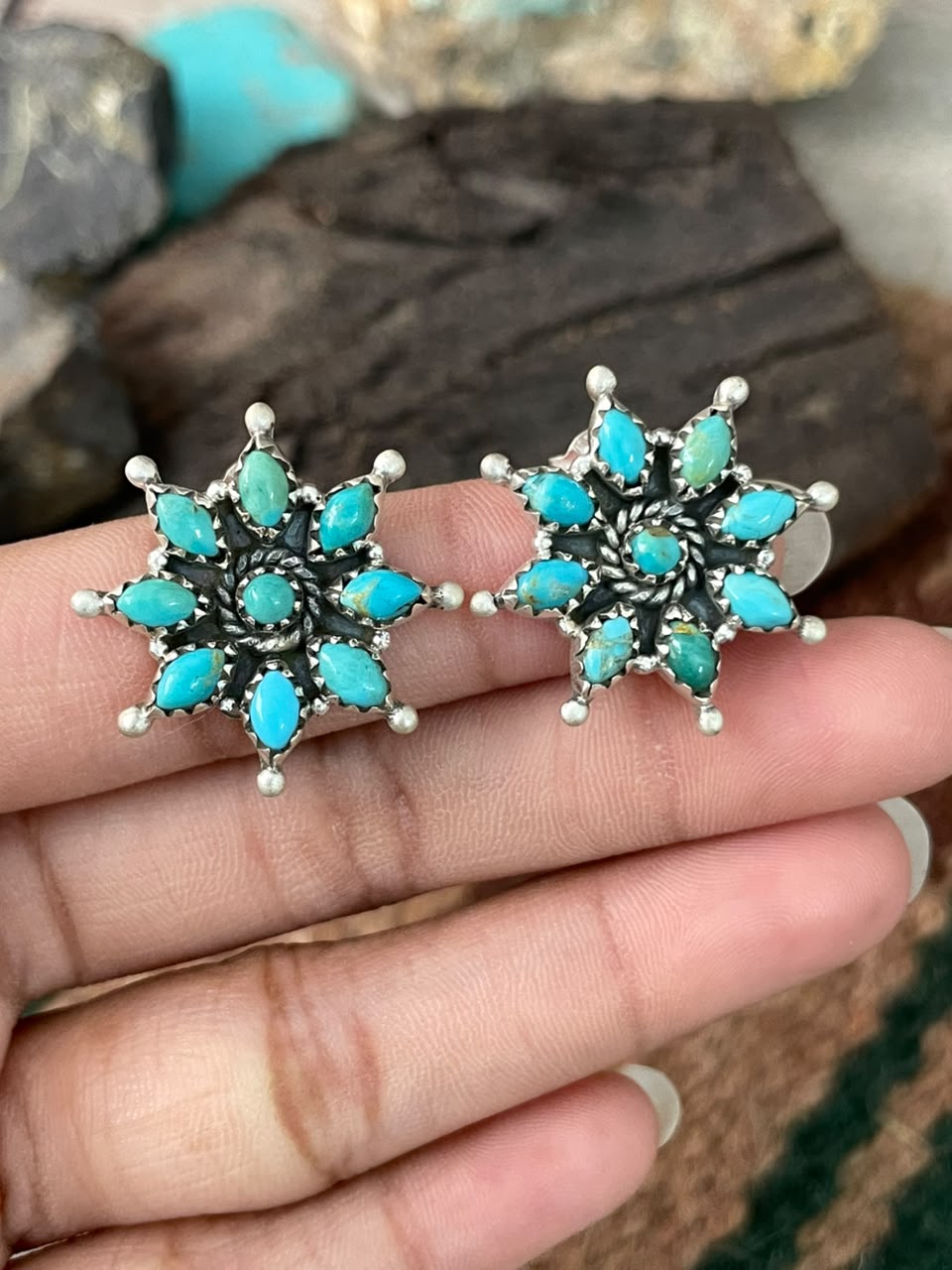 Handmade Sterling Silver Kingman Turquoise Post Studs Earrings Signed Nizhoni