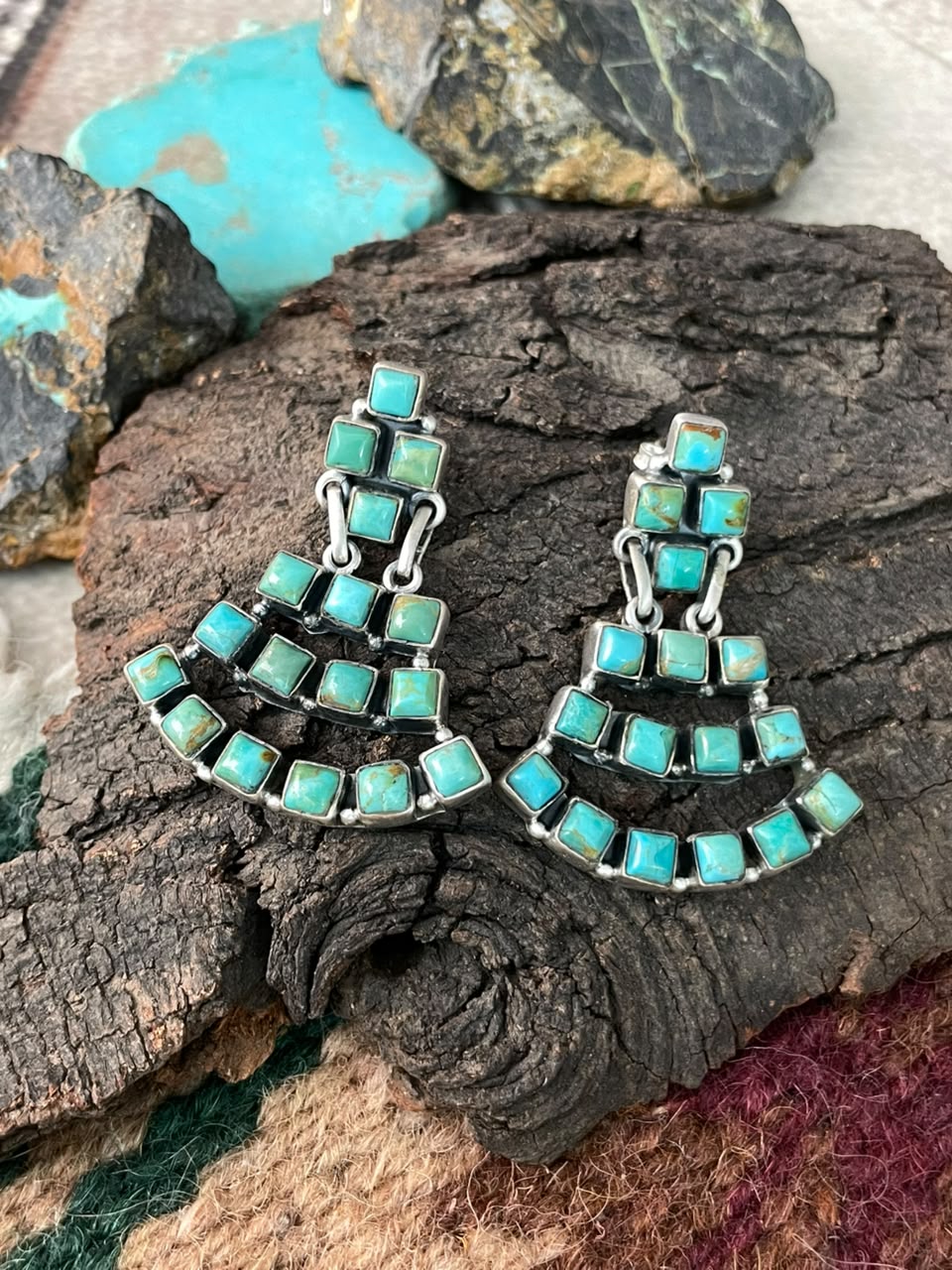 Handmade Sterling Silver Kingman Turquoise Post Dangle Earrings Signed Nizhoni