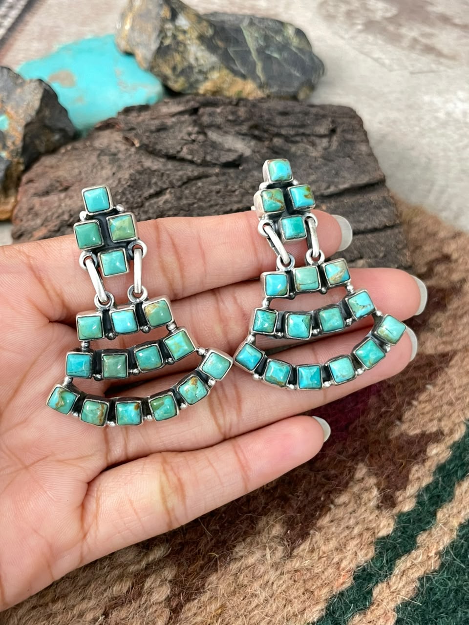 Handmade Sterling Silver Kingman Turquoise Post Dangle Earrings Signed Nizhoni