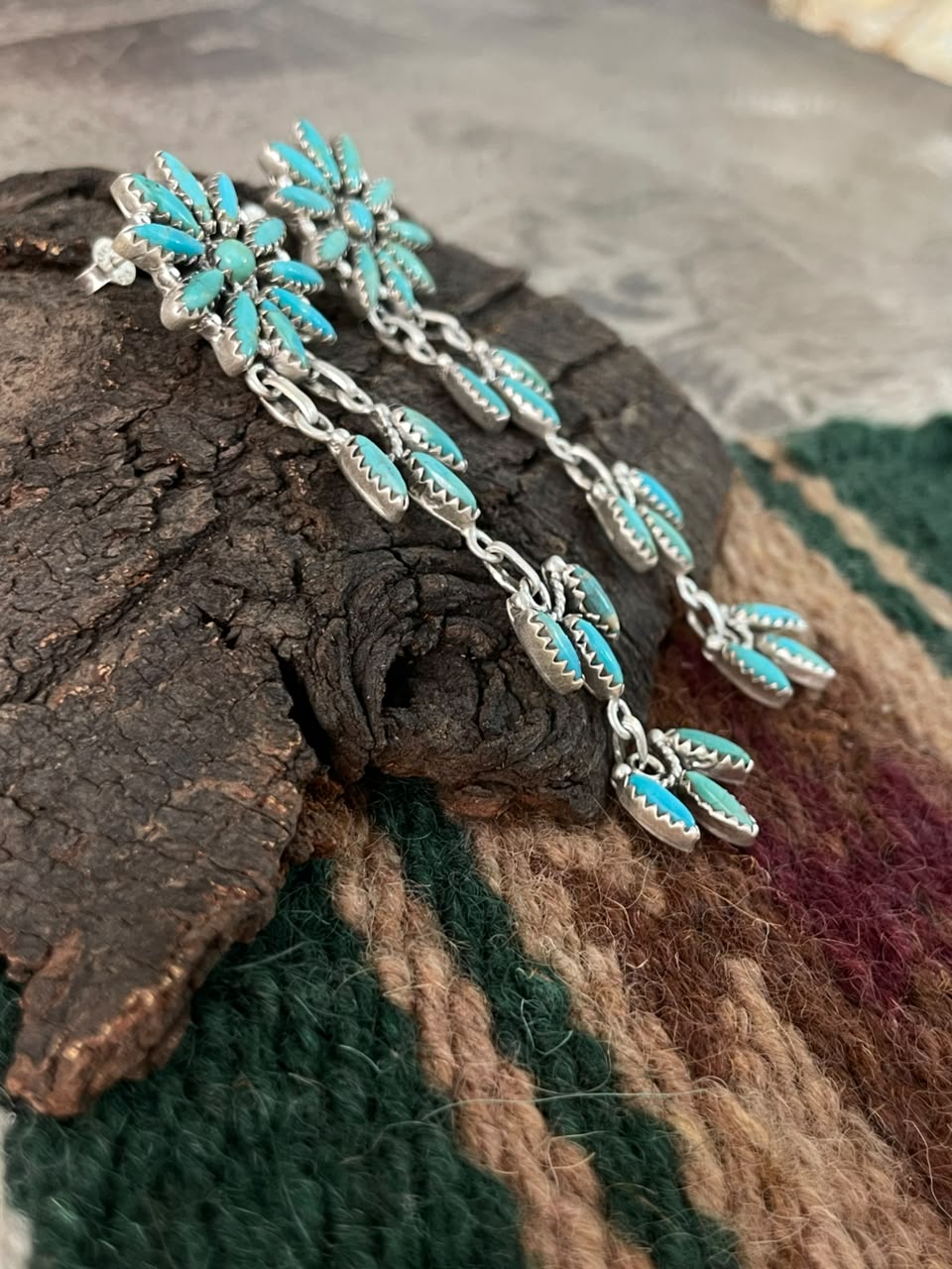 Handmade Sterling Silver Kingman Turquoise Post Dangle Earrings Signed Nizhoni