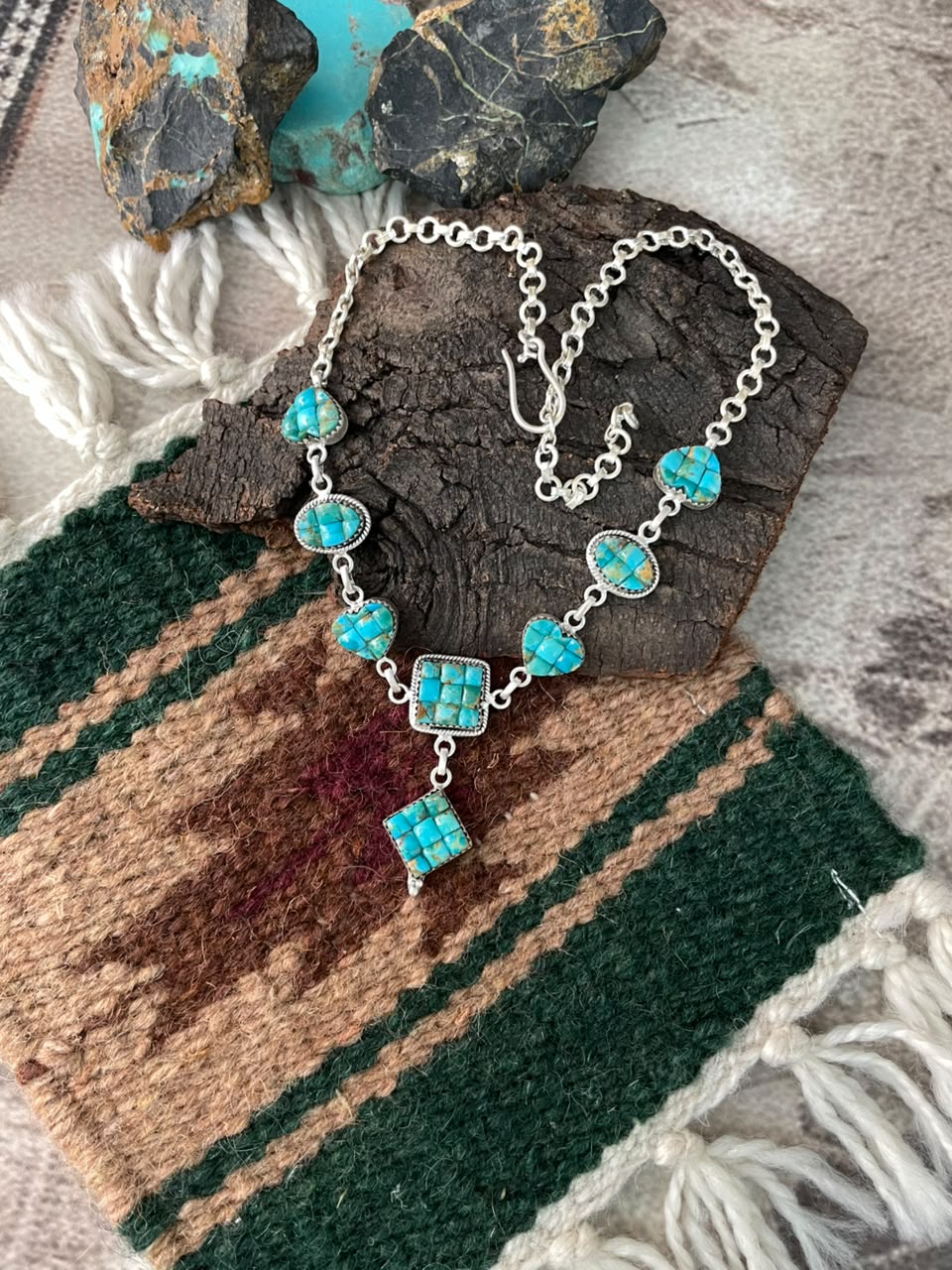 Handmade Sterling Silver Kingman Turquoise Cobble Stone Choker Necklace Signed Nizhoni
